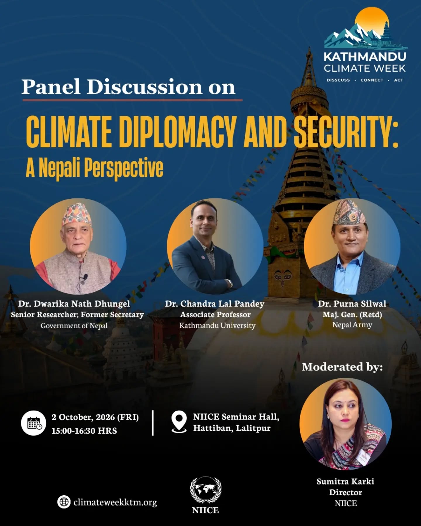 Flyer: Climate Diplomacy and Security: A Nepali Perspective, with speakers and moderator