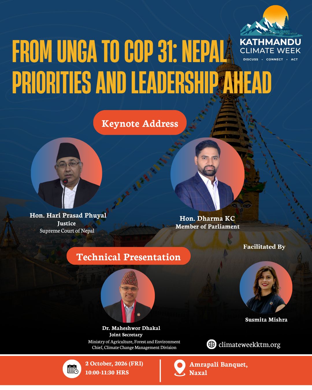 Flyer: From UNGA to COP 31: Nepal Priorities and Leadership Ahead, with speakers and facilitator