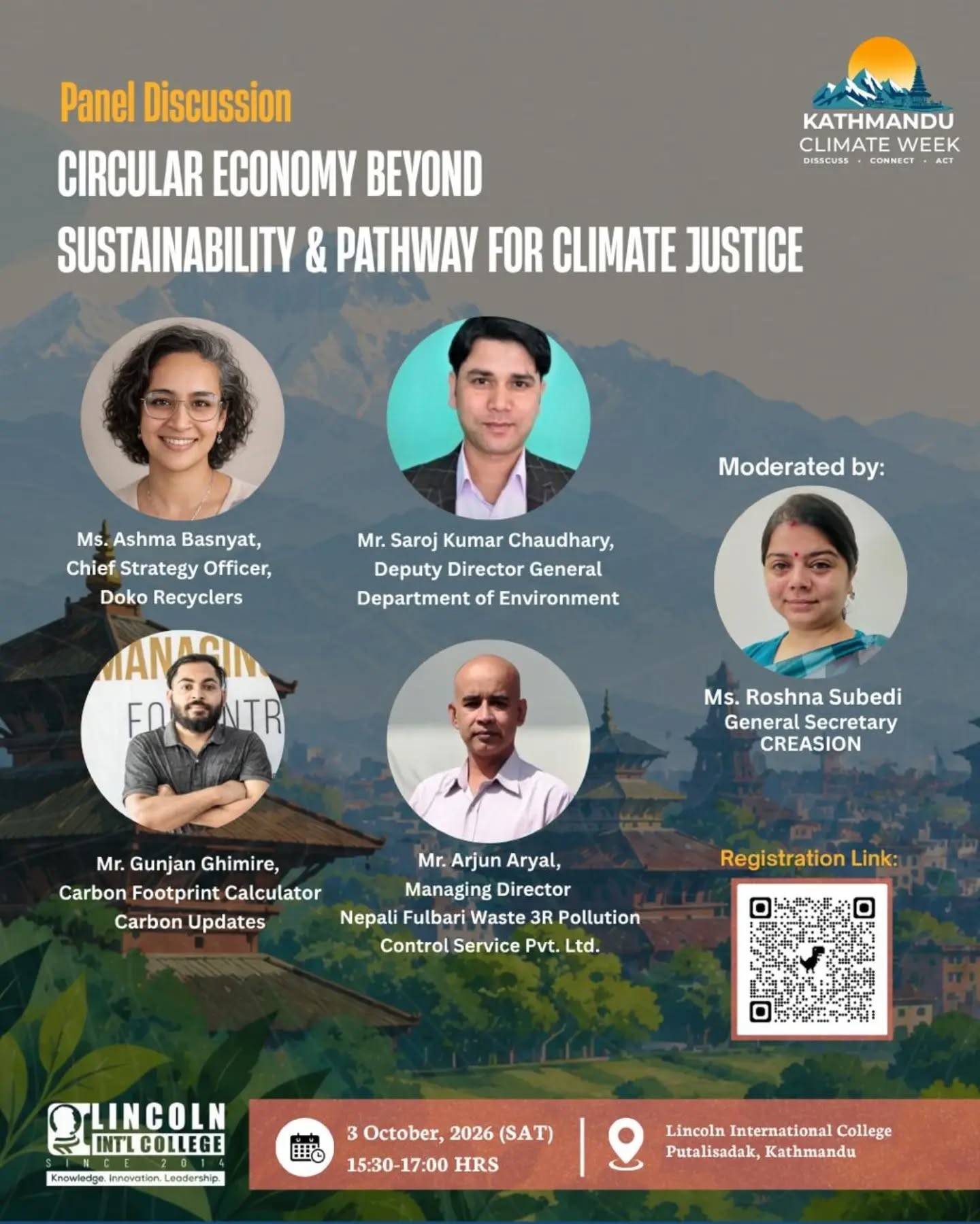 Flyer: Circular Economy Beyond Sustainability and Pathway for Climate Justice, with speakers and moderator
