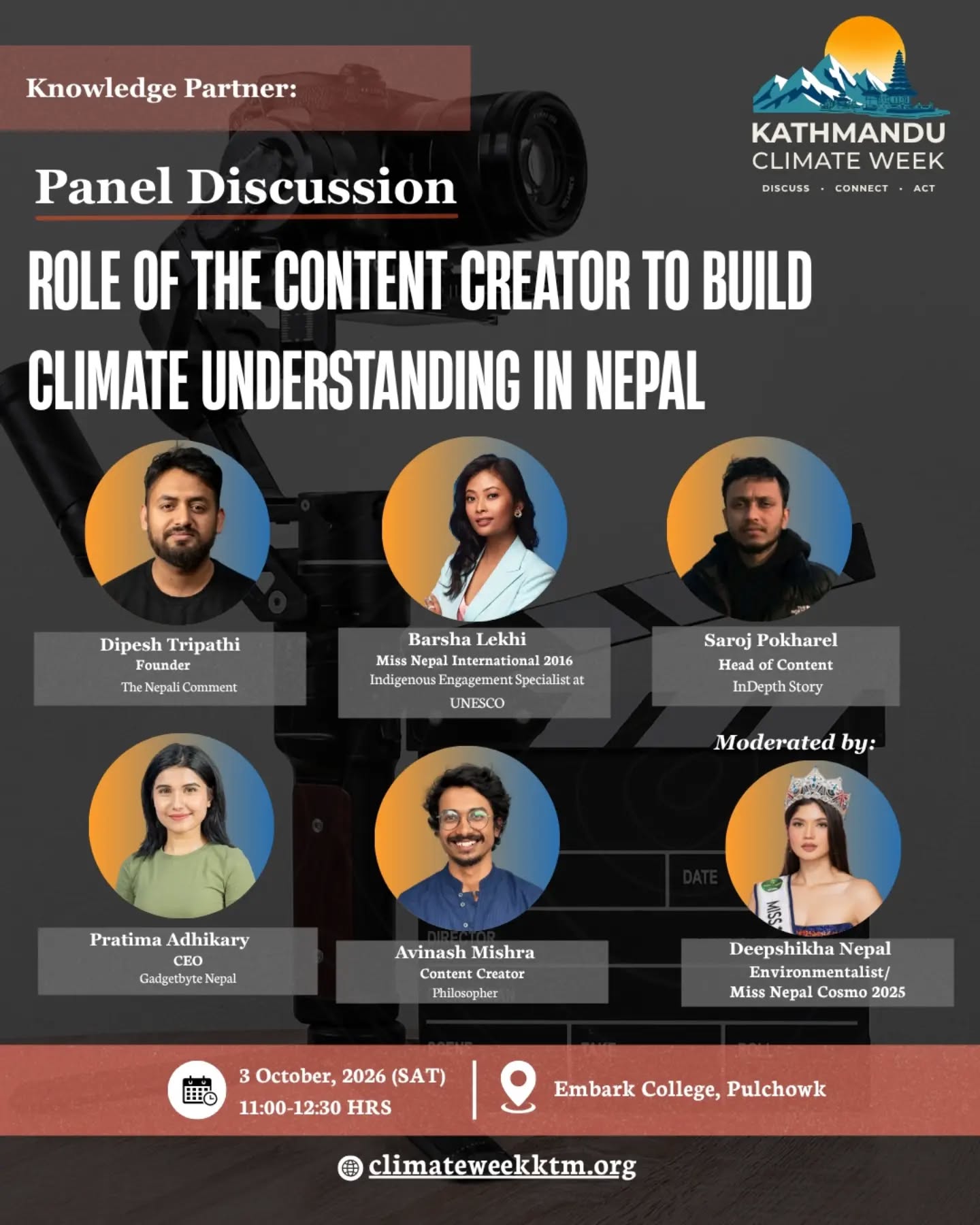 Flyer: Role of the Content Creator to Build Climate Understanding in Nepal, with speakers and moderator