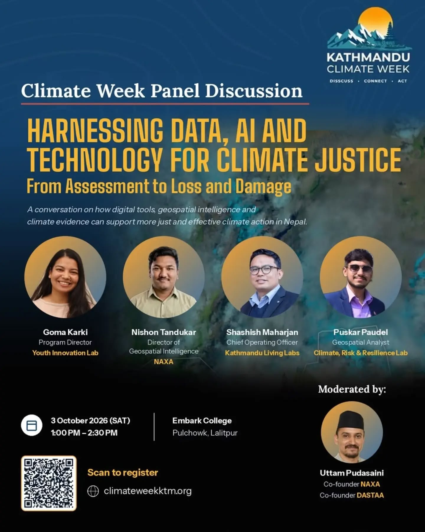 Flyer: Harnessing Data, AI and Technology for Climate Justice, with speakers and moderator